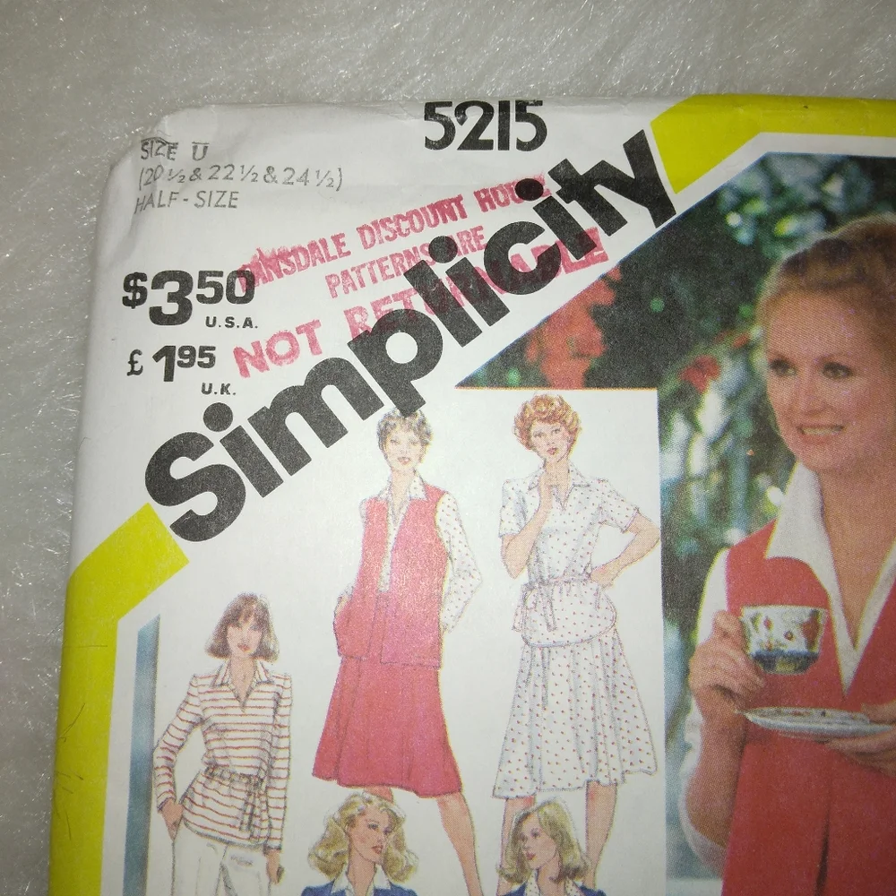 VINTAGE SIMPLICITY 5215 Sz 20.5, 22.5, 24.5 Unlined jacket vest top pants